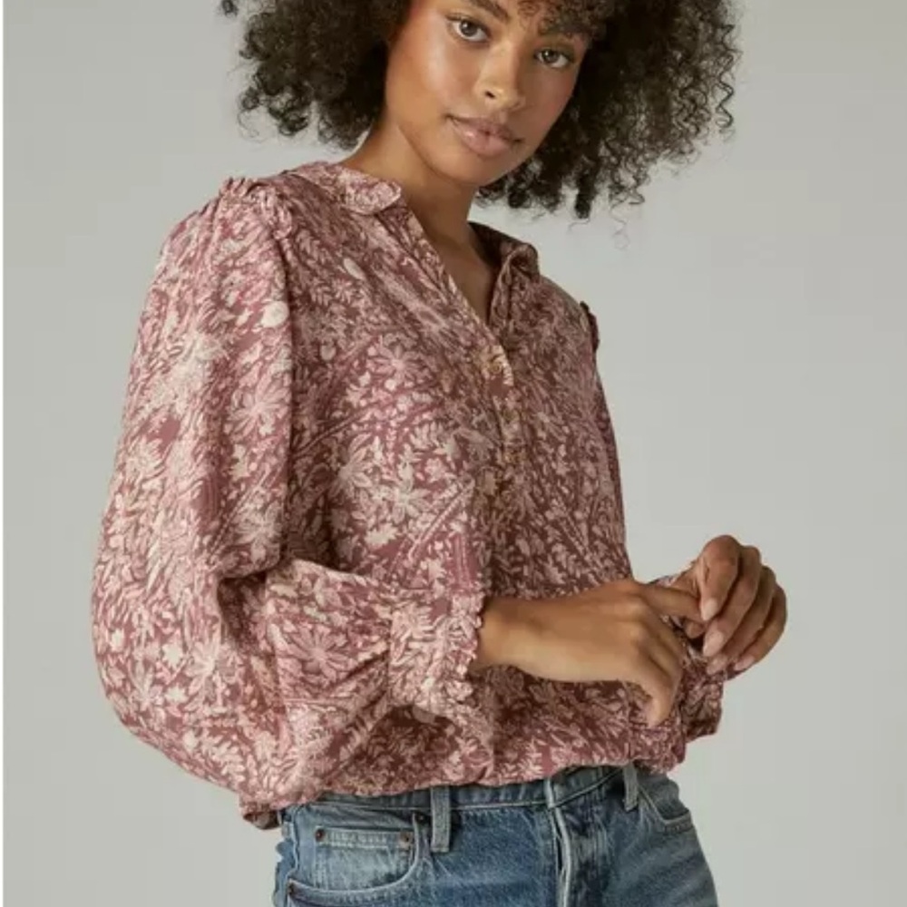 Lucky Brand Blouse Bishop Sleeve with Mandarin Collar boho Pink size small